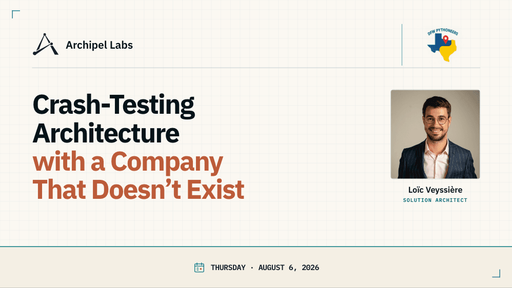 The title slide: Crash-Testing Architecture with a Company That Doesn't Exist