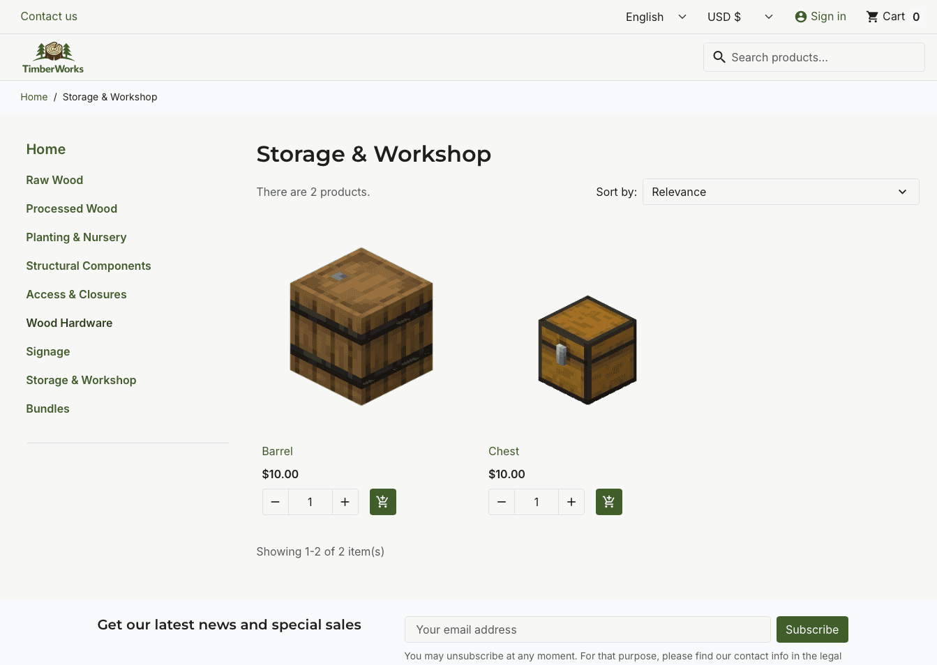 The TimberWorks storefront: a category page listing Minecraft items