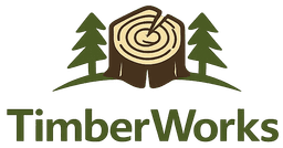 The TimberWorks logo: a tree stump between two pines